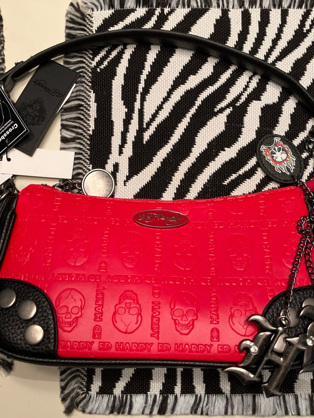 Ed Hardy Red and Black Embossed Skull Shoulder Bag